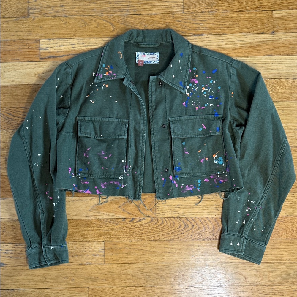 Paint-Splatter Olive Crop Jacket